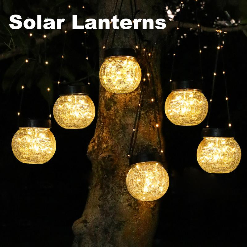 PARTPHONER 6-Pack Waterproof Solar Lanterns - Cracked Glass Hanging Globes for Outdoor Decoration, Ideal for Christmas, Gardens, and Shepherd Hooks