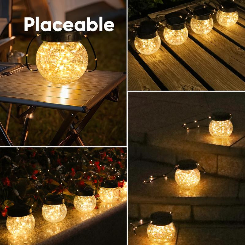 PARTPHONER 6-Pack Waterproof Solar Lanterns - Cracked Glass Hanging Globes for Outdoor Decoration, Ideal for Christmas, Gardens, and Shepherd Hooks