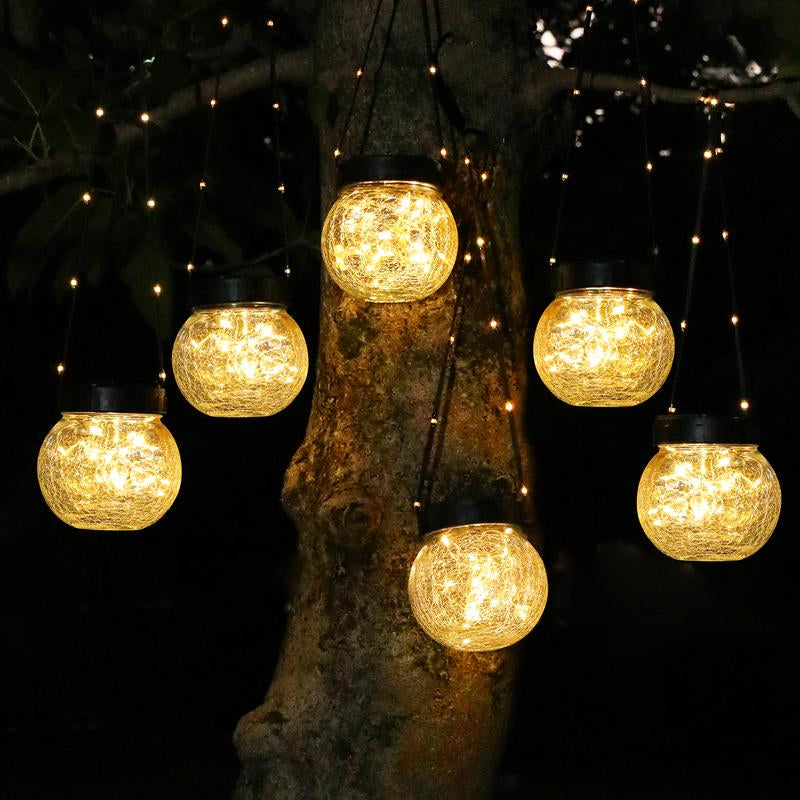 PARTPHONER 6-Pack Waterproof Solar Lanterns - Cracked Glass Hanging Globes for Outdoor Decoration, Ideal for Christmas, Gardens, and Shepherd Hooks