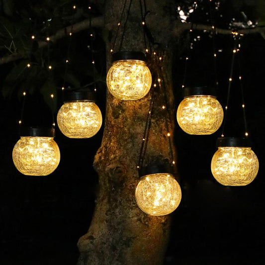 PARTPHONER 6-Pack Waterproof Solar Lanterns - Cracked Glass Hanging Globes for Outdoor Decoration, Ideal for Christmas, Gardens, and Shepherd Hooks