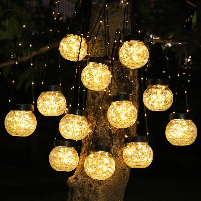 PARTPHONER 6-Pack Waterproof Solar Lanterns - Cracked Glass Hanging Globes for Outdoor Decoration, Ideal for Christmas, Gardens, and Shepherd Hooks